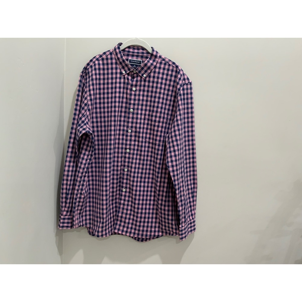 Club Room Mens XL Pink  Blue Gingham Check Button Down Stretch Shirt Long Slv
